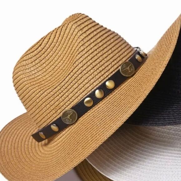 WOVEN STRAW COWGIRL HAT LEATHER BAND BRASS TRIM NATURAL COLOR - Picture 4 of 12